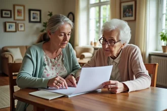 Femme âgée avec aidante examine un formulaire de santé