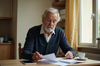 Retraité SNCF consultant ses documents de services à domicile dans son appartement
