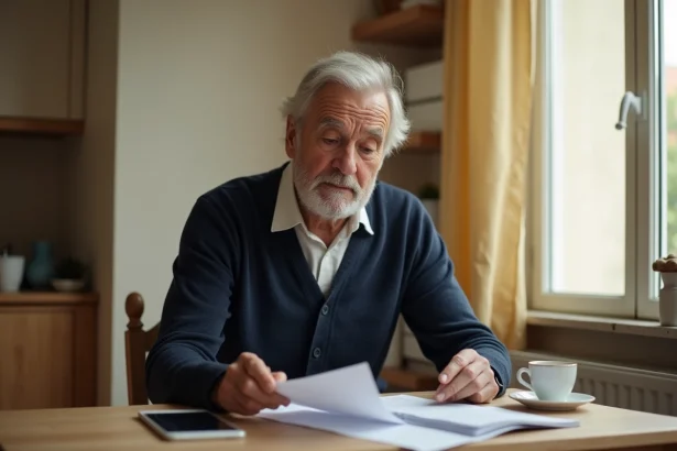 Retraité SNCF consultant ses documents de services à domicile dans son appartement