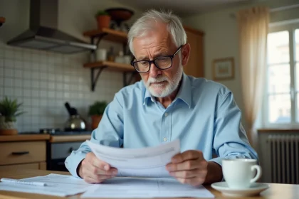 Retraité lisant des documents fiscaux sur la nouvelle taxe et la CSG à la table de sa cuisine
