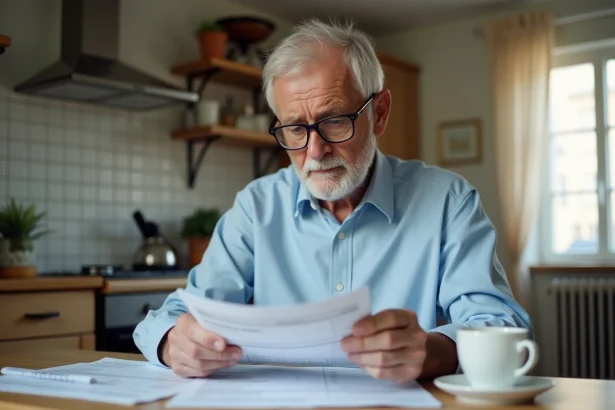 Retraité lisant des documents fiscaux sur la nouvelle taxe et la CSG à la table de sa cuisine