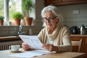 Femme retraitée regardant son relevé bancaire dans la cuisine