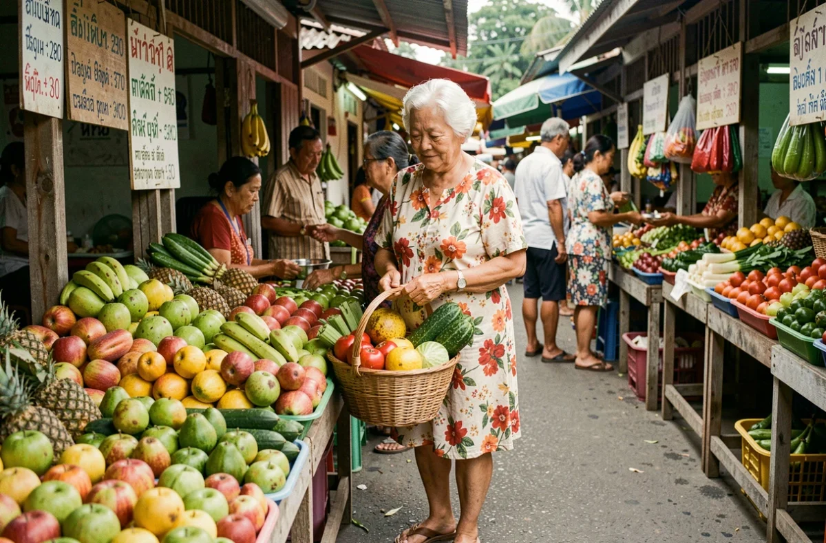 Retraitée expatriée faisant ses courses au marché local en Asie du Sud-Est avec un petit budget