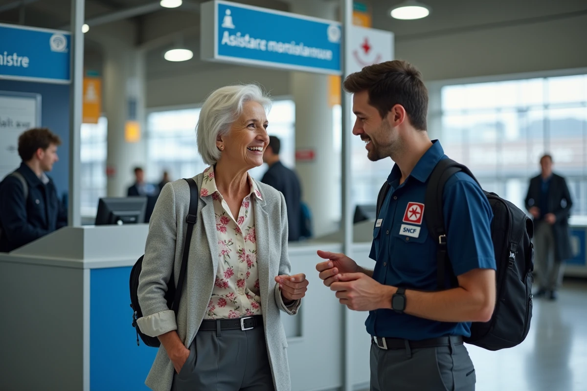 Retraitée SNCF accompagnée par un conseiller au guichet d'assistance en gare