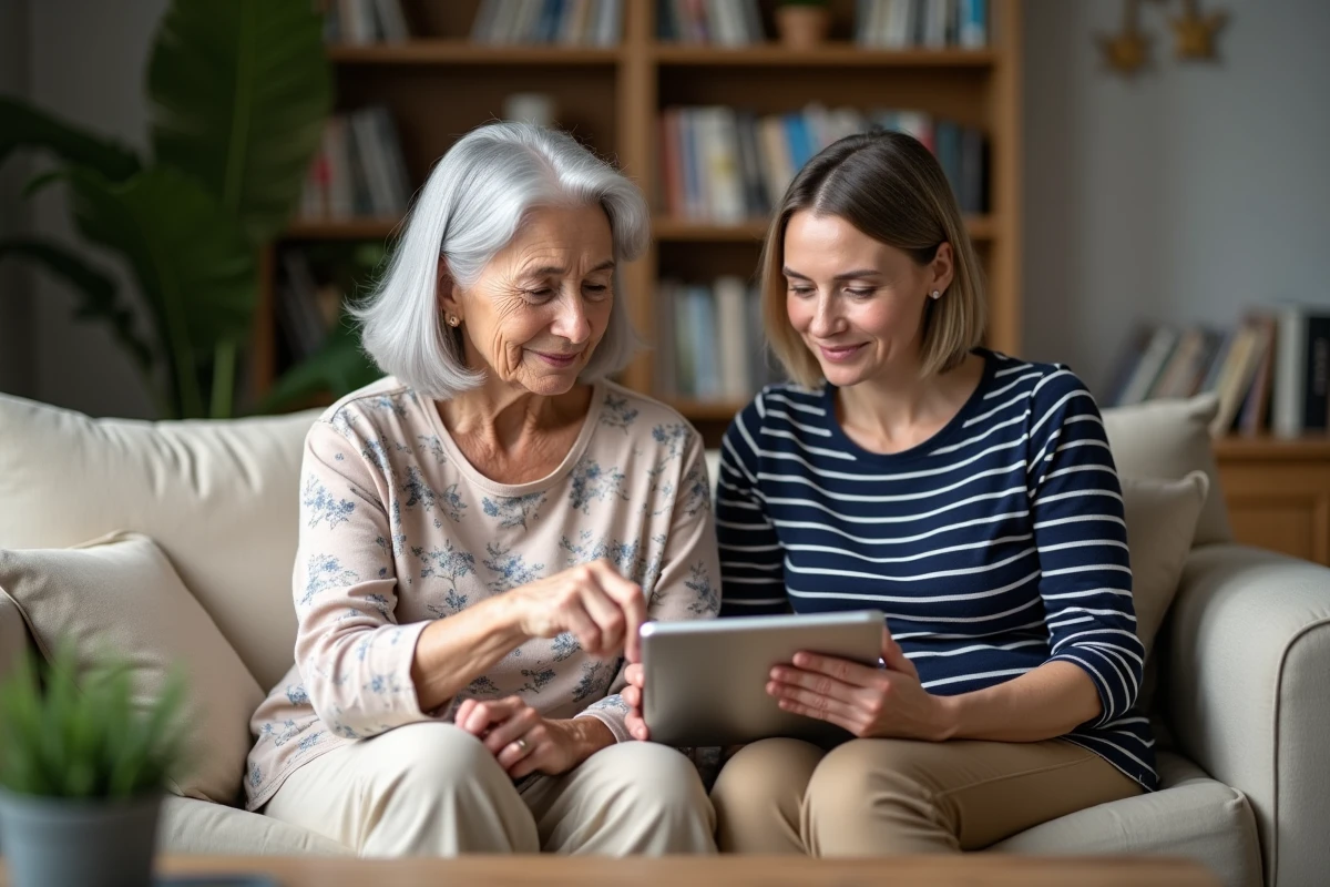 Retraitée SNCF et sa fille consultant ensemble l'agence en ligne sur une tablette au salon