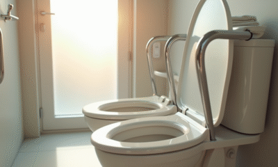 Salle de bain moderne avec toilette surélevée et barres chromées