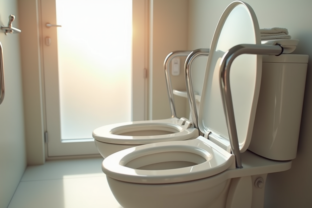 Salle de bain moderne avec toilette surélevée et barres chromées