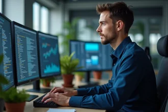 Professionnel informatique sécurisant des données personnelles sur des écrans de bureau dans un open space moderne