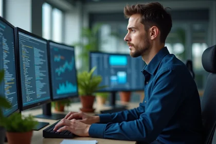 Professionnel informatique sécurisant des données personnelles sur des écrans de bureau dans un open space moderne