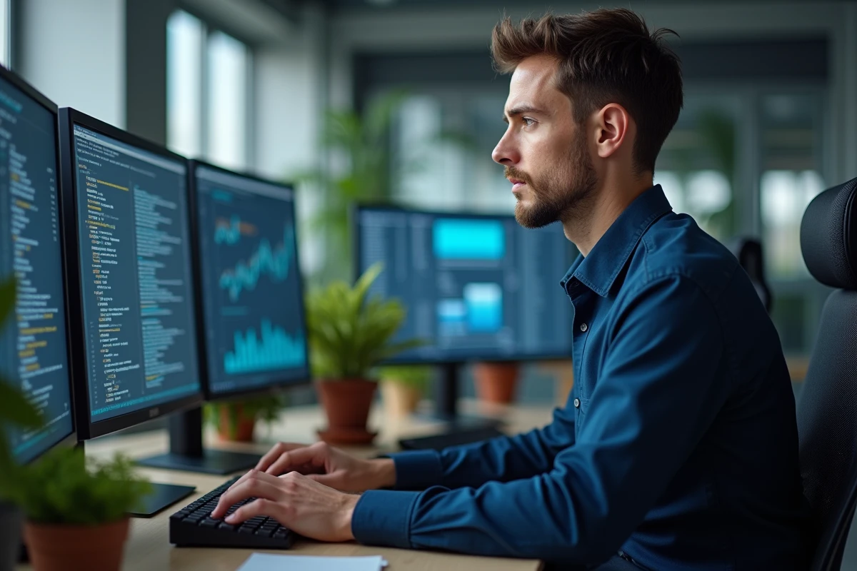 Professionnel informatique sécurisant des données personnelles sur des écrans de bureau dans un open space moderne