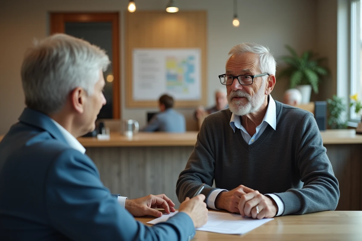 Senior consulté par un conseiller dans un centre de service public
