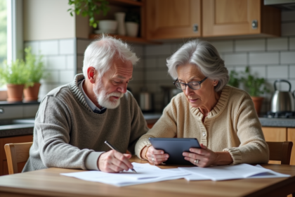 Couple senior discutant de documents médicaux à la maison