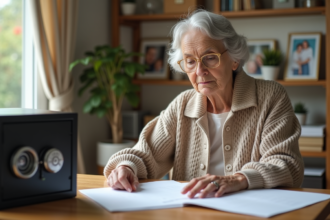 Femme âgée organisant des documents dans un coffre-fort