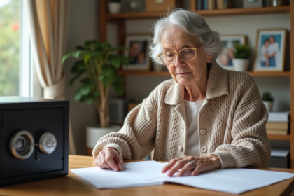 Femme âgée organisant des documents dans un coffre-fort