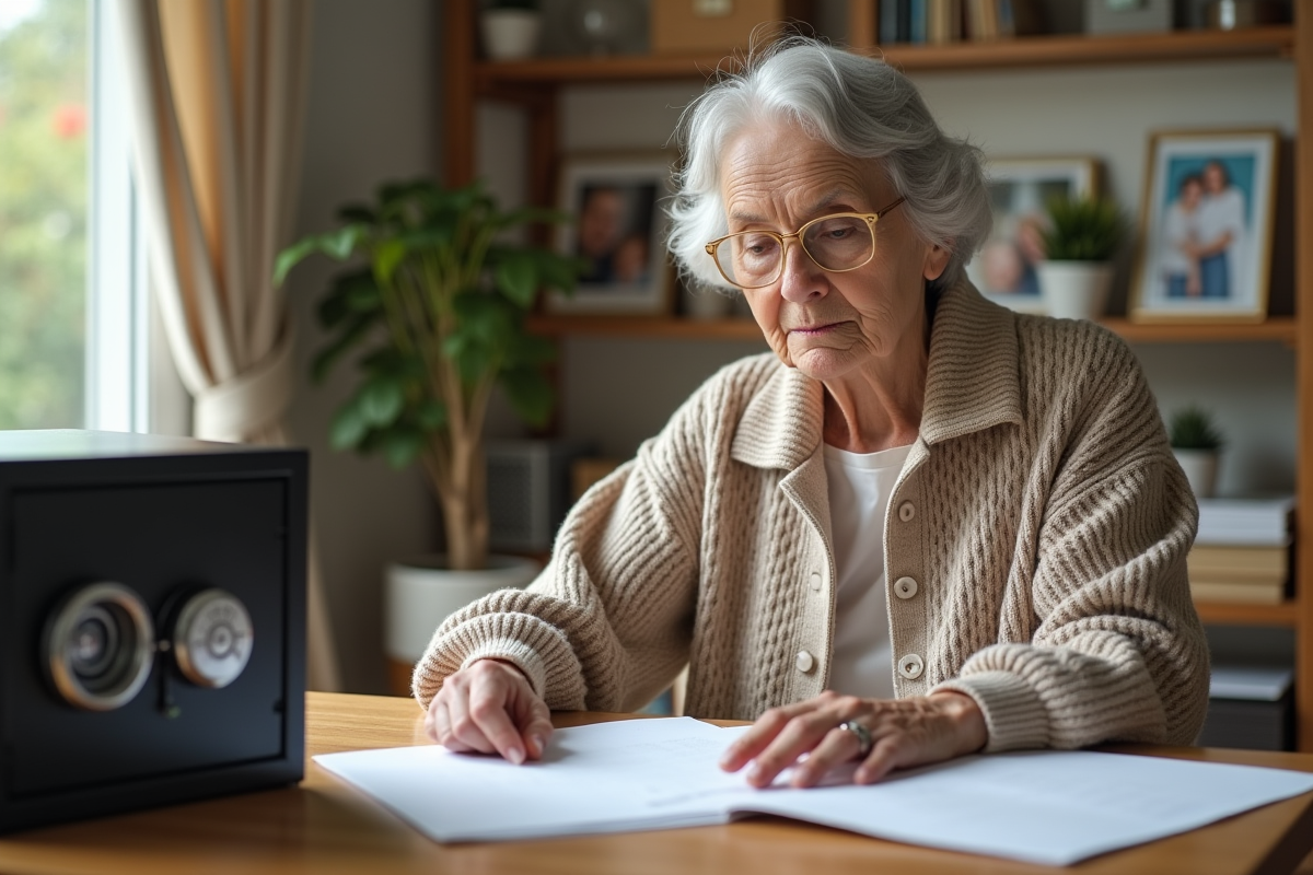 Femme âgée organisant des documents dans un coffre-fort