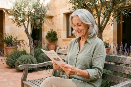Femme senior souriante consultant une brochure de résidence retraite dans un jardin provençal à Nîmes