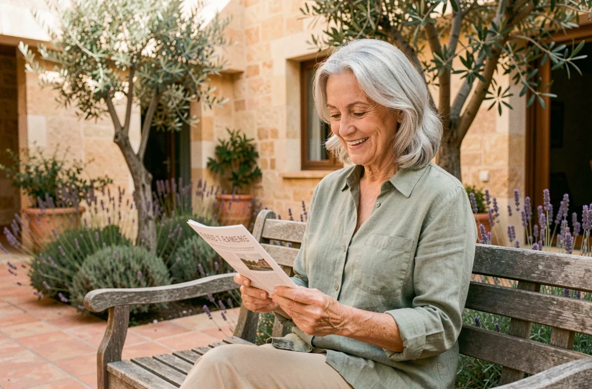 Femme senior souriante consultant une brochure de résidence retraite dans un jardin provençal à Nîmes