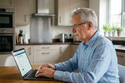 Homme senior concentré sur son ordinateur à la maison