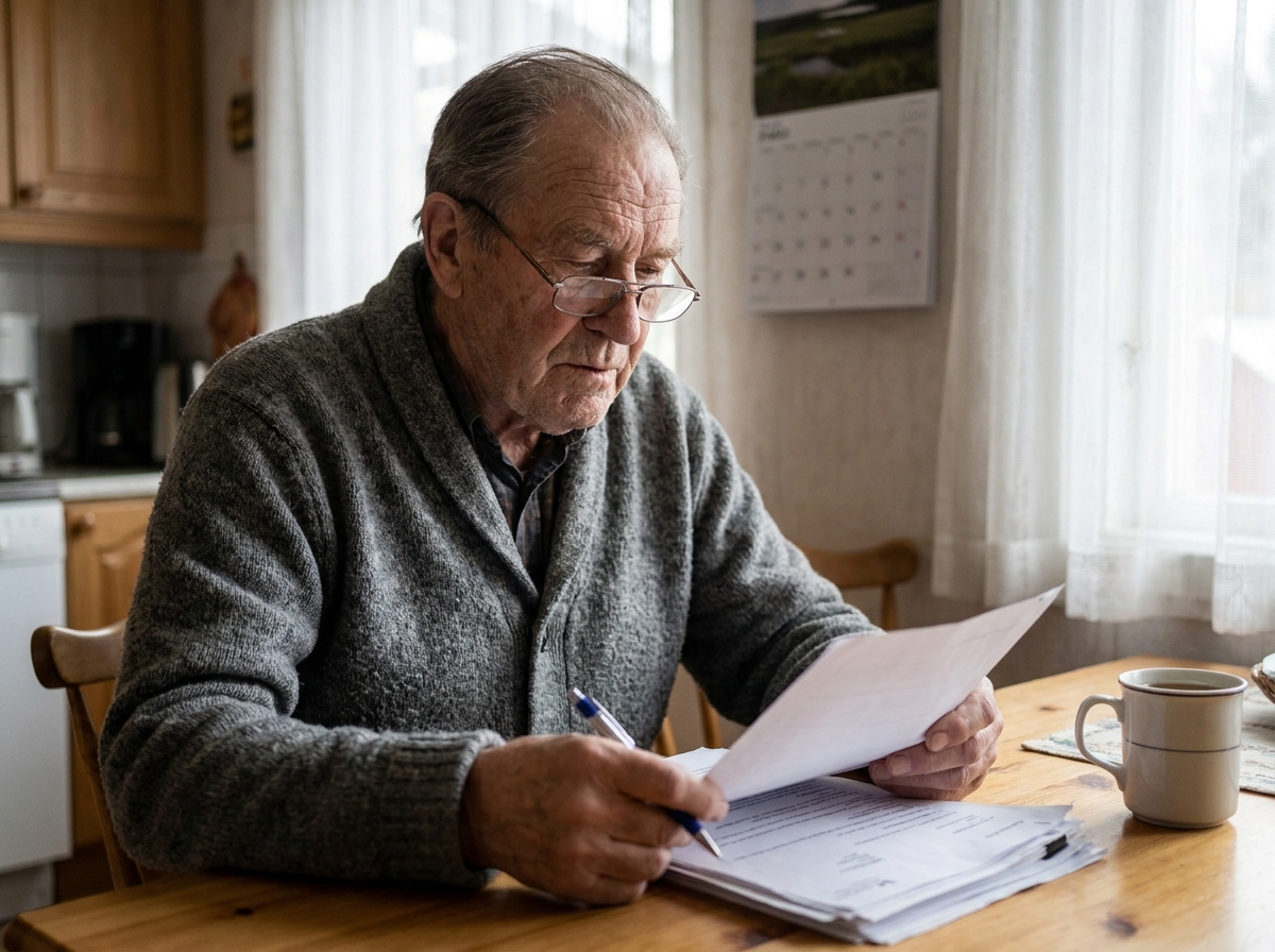 Homme âgé lisant attentivement les détails d'un contrat obsèques à son domicile