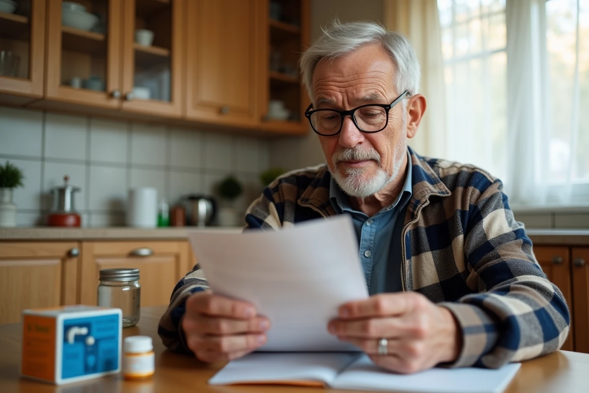 Homme senior lisant la notice de Bion 3 Senior avec un organisateur de médicaments sur une table de cuisine