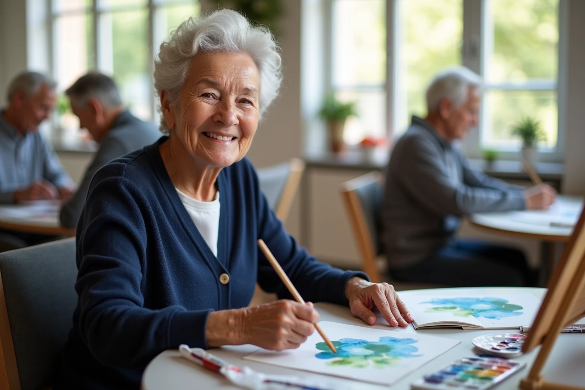 Femme senior seule participant à un atelier peinture aquarelle dans un centre d'activités pour seniors à Nice