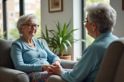 Femme âgée avec sa fille dans un salon moderne de maison de retraite