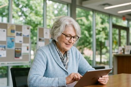 Seniore souriante utilisant une tablette dans un centre communautaire