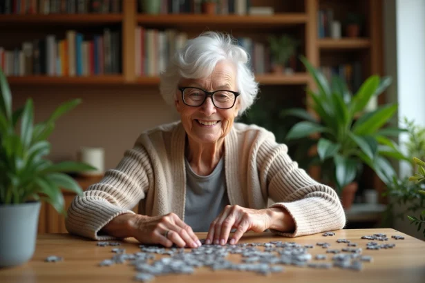 Seniorelle assemble un puzzle dans une ambiance chaleureuse