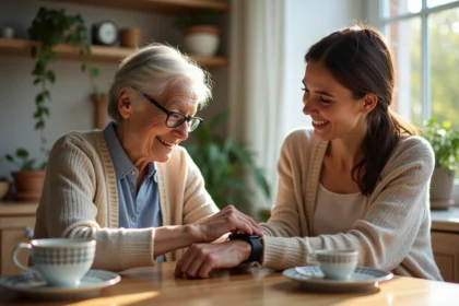 Femme âgée aidée par sa fille à mettre une montre connectée