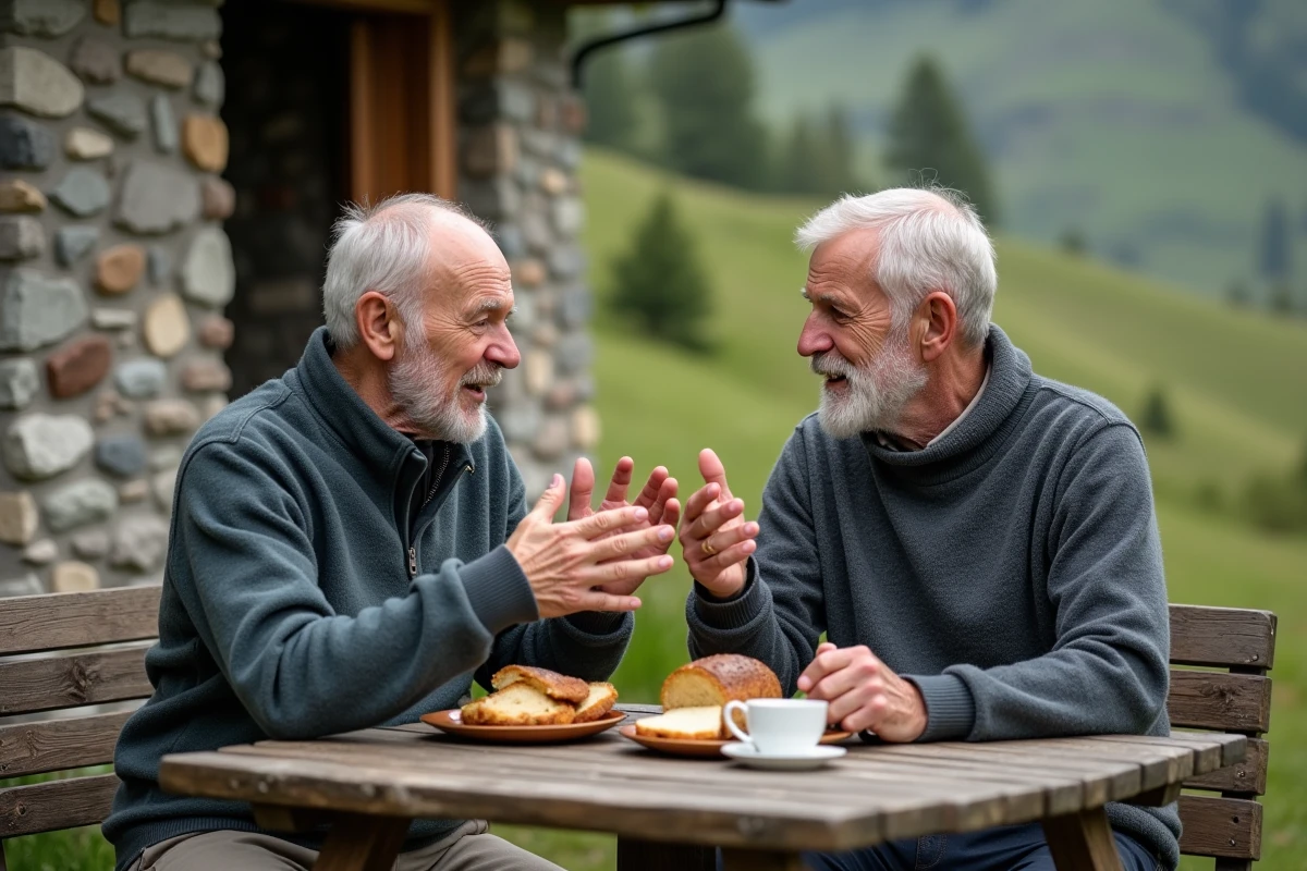 Deux randonneurs seniors assis devant un refuge de montagne partageant un repas après une randonnée bien-être en plein air