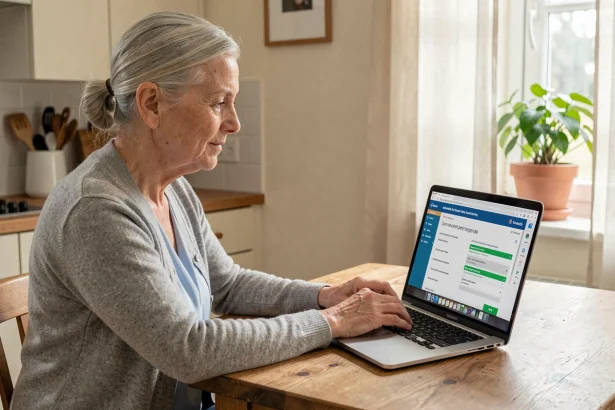 Femme retraitée simulant sa pension de réversion en ligne sur un ordinateur portable à la maison