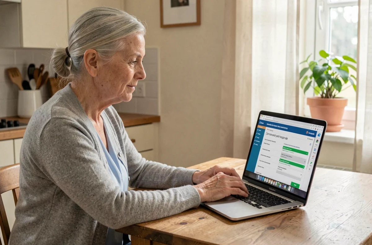 Femme retraitée simulant sa pension de réversion en ligne sur un ordinateur portable à la maison