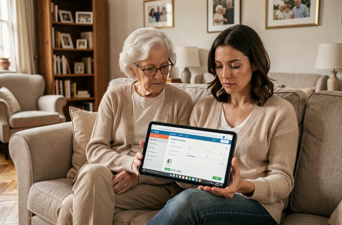 Deux femmes consultant ensemble un simulateur de pension de réversion sur une tablette dans un salon