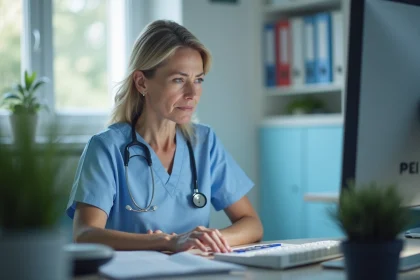 Soignante en blouse médicale consultant la page de connexion NETSoins sur un ordinateur de bureau dans un bureau administratif d'EHPAD