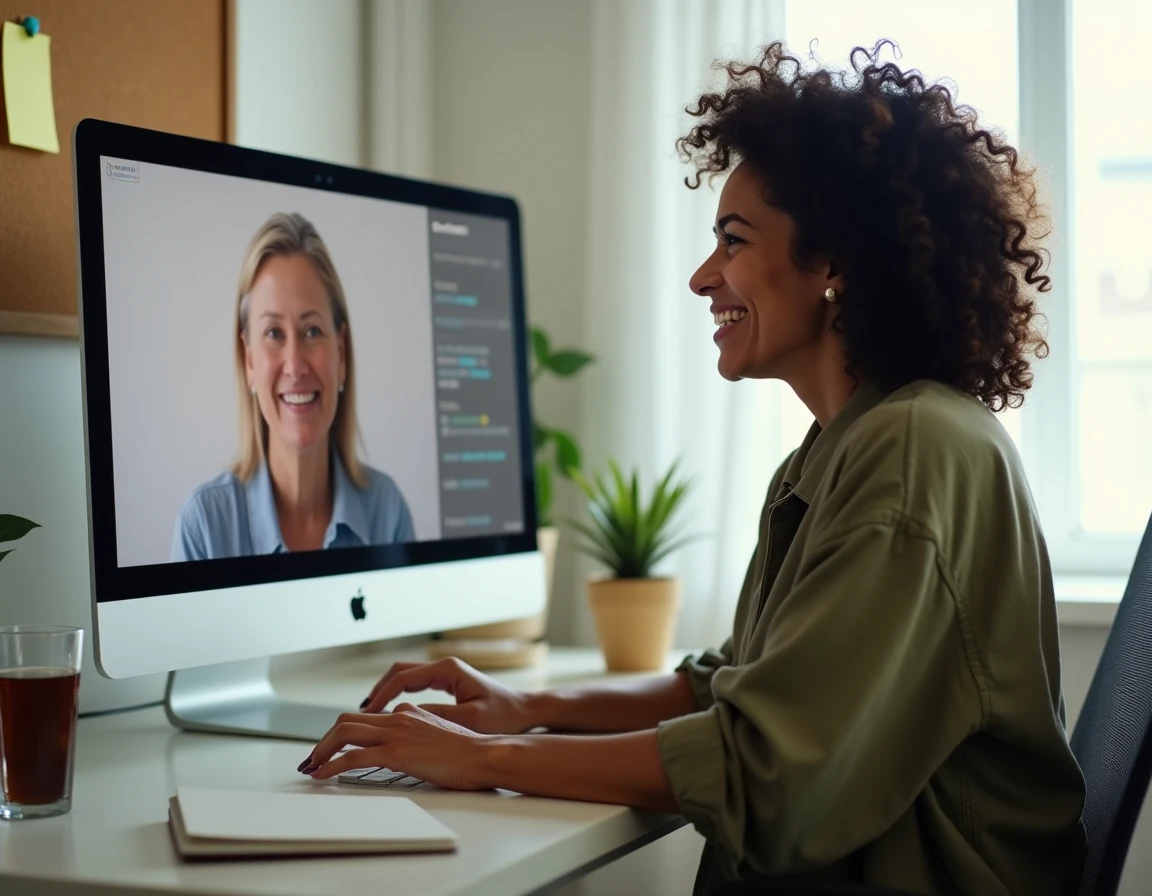 Femme soulagée en téléconsultation avec un coordinateur de soins pour gérer la tutelle familiale
