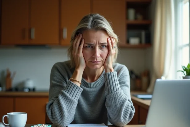 Femme fatiguée gérant la tutelle familiale entourée de paperasse médicale dans sa cuisine