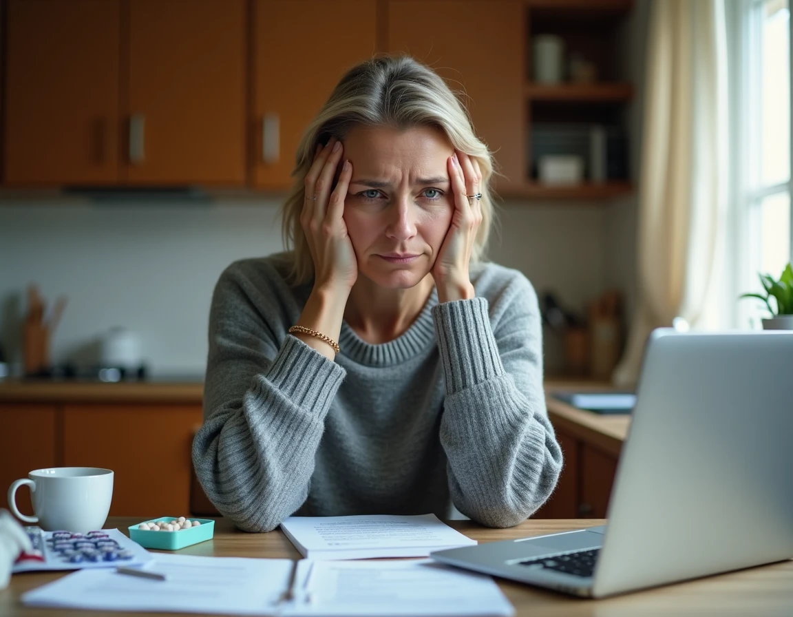 Femme fatiguée gérant la tutelle familiale entourée de paperasse médicale dans sa cuisine