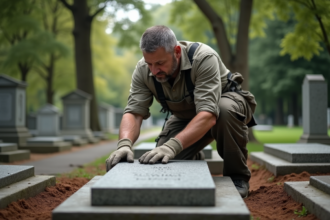 Tailleur de pierre posant une pierre tombale dans un cimetière calme