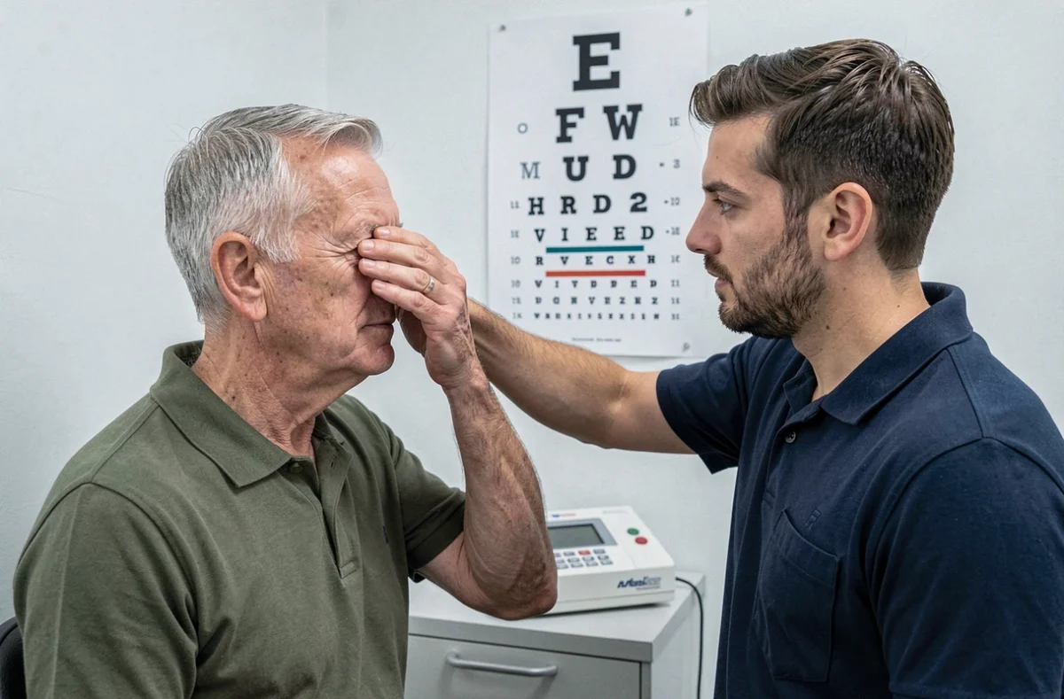 Un homme de 70 ans passant un test de vision dans un cabinet médical dans le cadre du contrôle obligatoire pour conserver son permis de conduire