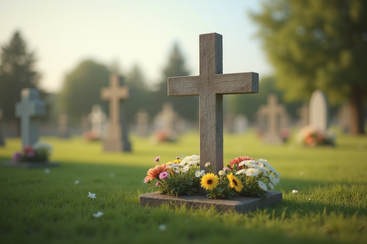 Tombe avec croix en bois et fleurs fraîches