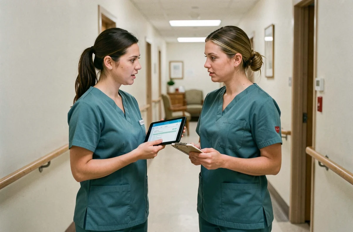 Deux aides-soignantes en EHPAD effectuant une transmission de soins à l'aide d'une application numérique sur tablette