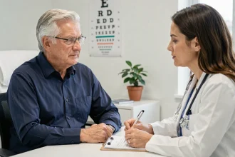 Un homme senior de 72 ans lors d'une visite médicale pour le renouvellement de son permis de conduire, en discussion avec une médecin dans un cabinet médical