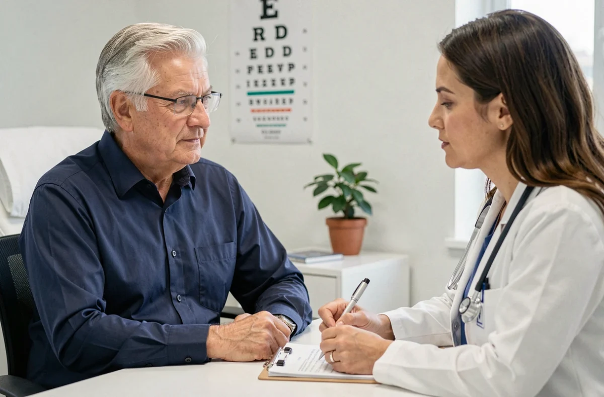 Un homme senior de 72 ans lors d'une visite médicale pour le renouvellement de son permis de conduire, en discussion avec une médecin dans un cabinet médical