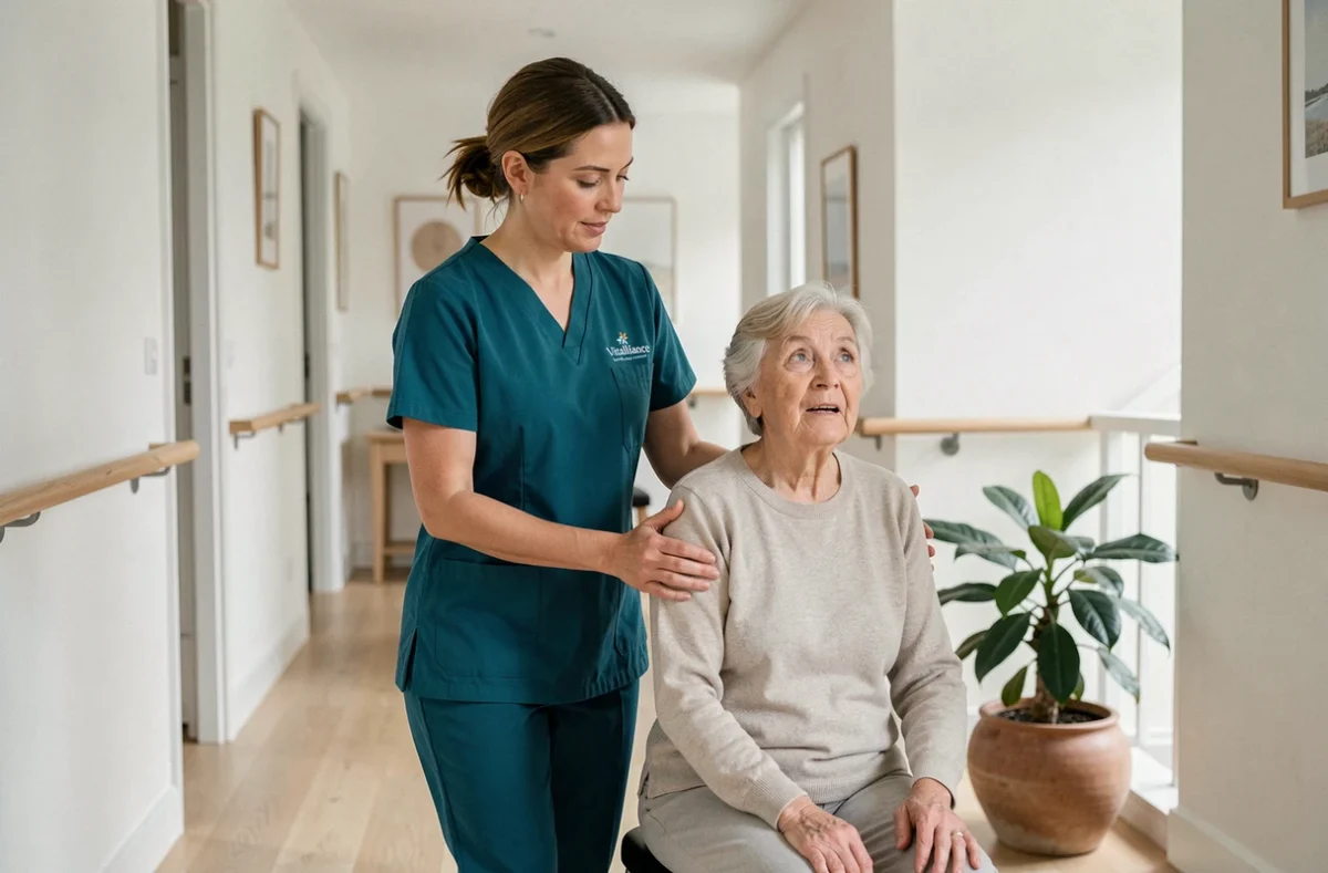Auxiliaire de vie Vitalliance aidant une senior lors d'exercices de mobilité dans une maison aménagée